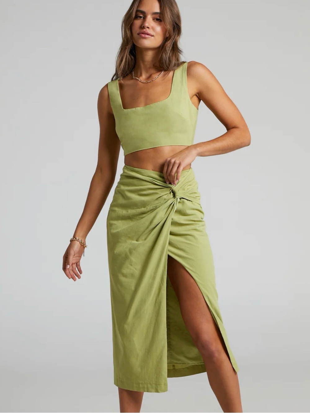 Showpo Knot-Front Olive Green Midi Skirt